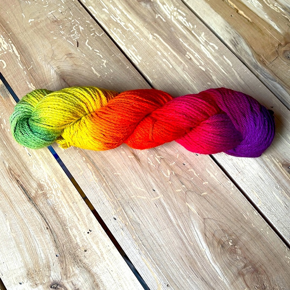 green-yellow-orange-red-purple colour-way, hand-dyed 4ply crochet cotton 50g